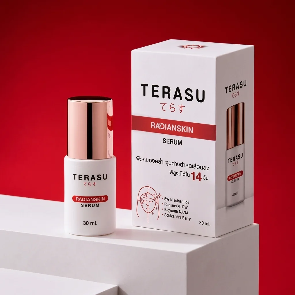 ขวดและกล่องเซรั่ม TERASU Radianskin บนแท่นสีขาว พื้นหลังสีแดง